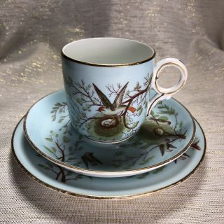 Antique Unmarked English Tea Cup & Saucer & Plate Trio Turqoise Blue Birds Nest