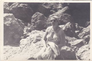 1965 Stylish Nude Woman In Swimsuit Sunbaths On Rocks Old Russian Soviet Photo