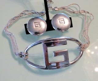 Vtg 80s Givenchy Couture Sleek Silver Gg Logo Runway Choker Earrings Parure Set
