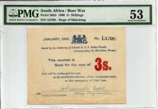South Africa: Boer War Mafeking Siege 3 Shillings Prefix A.  P S653 Pmg 53