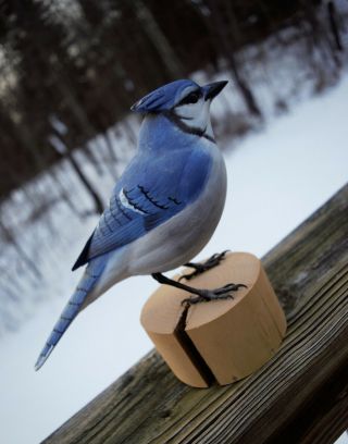 Vintage Art Wooden Blue Jay Bird Hand Carved Wood Figure Sculpture