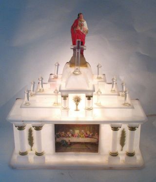 Vintage Altar,  Jesus Atop Lighted Church,  With Last Supper & Music Box