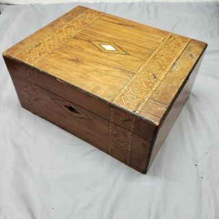 Antique Wood Writing Box With Hinges And Inlays Decorative Jewelry Trinket Etc.