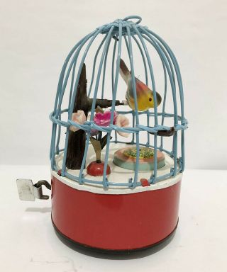 Vintage Metal Wind Up Singing Bird In Cage Toy Made In Japan (osh6)