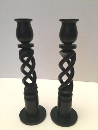 Vintage Pair Open Barley Twist Hand Carved Brown Wood Spiral Candlestick Holders