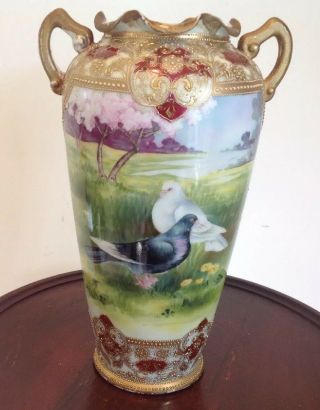 Antique Hand Painted Porcelain Vase Pigeons & Flowers In Park W/ Handles 10.  5 " T
