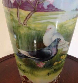 Antique Hand Painted Porcelain Vase Pigeons & Flowers In Park w/ Handles 10.  5 