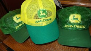 3 John Deere Hats Two Green And One Yellow All With Factory Tags Attached 26