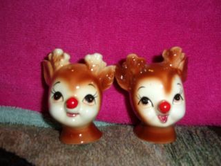 Vintage Rudolph The Red Nose Reindeer Salt & Pepper Shakers Lefton Japan 4370