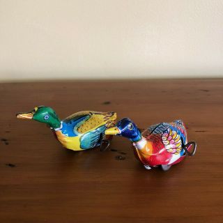 Vintage Two (2) Metal Wind - Up Toys - Birds Swans Ducks - Made In Japan