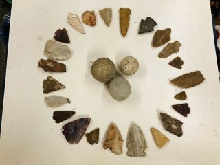 26 Native American Artifacts Arrowheads,  Stone Tools And Stone Game Balls