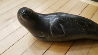Vintage Native Made Inuit Green Soapstone Seal Carving 7 " Long Eskimo Art Canada