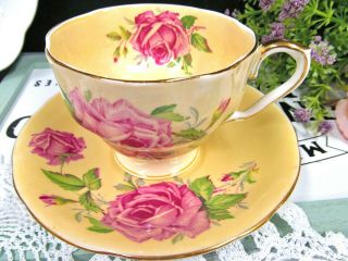 Aynsley Tea Cup And Saucer Yellow & Pink Cabbage Rose Pattern Teacup England 20s