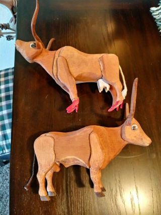 Vintage Wooden Texas Longhorn Bull And Cow Handmade Novelty Figures