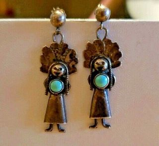 Vintage Native American Turquoise Sterling Silver Kachina Earrings