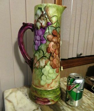 Large T & V Limoges Antique Hand Painted Large Tankard Grapes 14.  25 Inches Tall