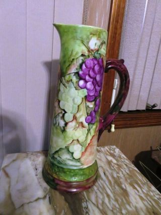 LARGE T & V LIMOGES ANTIQUE HAND PAINTED LARGE TANKARD GRAPES 14.  25 INCHES TALL 3