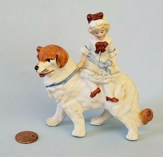 Vintage Porcelain Bisque Figurine Victorian Girl Riding On St.  Bernard Dog 4.  25 "