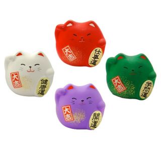 Set Of 4 Japanese 2 " H Maneki Neko Lucky Cat Figurine Earthenware Made In Japan