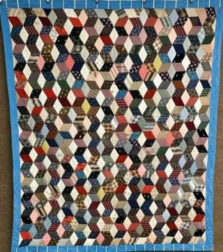 Fabric Sampler C 1890 - 1900s Tumbling Block Vintage Quilt Indigo Blue