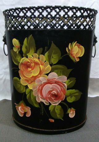 Vintage Tin Tole Painted Waste Basket Trash Can Black With Flowers Yellow Pink