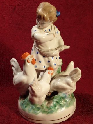 1959 Girl Feeding Chickens Porcelain Figurine Dulevo Soviet Russia Russian