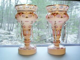 Vintage Bohemian Pair Lusters Cranberry Pink White Cased Glass Flowers Gold