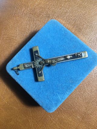 Vtg Antique Metal Cross Crucifix Pendant Skull & Crossbones Ebony Brass Over 3”