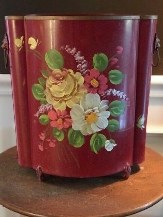 Vintage Tole Painted Waste Basket Trash Can Red W/ White,  Yellow,  Pink Flowers