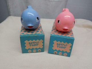 2 Vtg Knickerbocker Plastic Co Rattle Tubby Whales 520 W/org/ Boxes 1950 