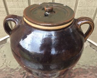Antique 1800 ' s Stoneware Pottery Bean Pot Crock w/ Lid 2 Double Handles Handmade 2