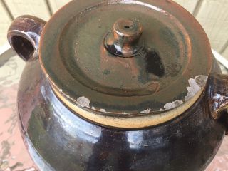 Antique 1800 ' s Stoneware Pottery Bean Pot Crock w/ Lid 2 Double Handles Handmade 3
