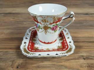 Royal Scotland Hand Painted Gold Rimmed Set Of Red Tea Cup And Square Saucer