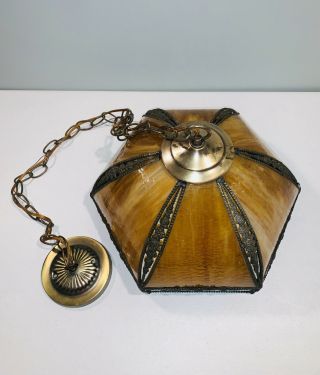 Vintage Tiffany Style Slag Glass Swag Lamp Globe Light Shade Beige Tan Amber