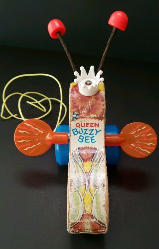 Vintage Fisher Price Queen Buzzy Bee 444 Wooden Pull Toy 2