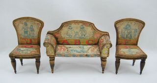 Antique R.  Bliss Dollhouse Litho Furniture Abc Sofa & 2 Chairs