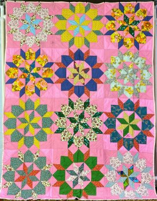 Vtg Mid Century Compass Star Quilt Bright Colors Mcm Hand Made Signed 1976