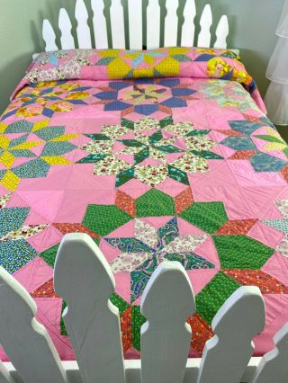 VTG Mid Century Compass Star Quilt Bright Colors MCM Hand Made Signed 1976 2