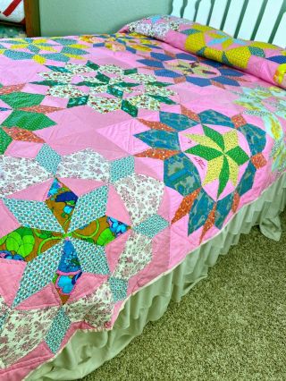 VTG Mid Century Compass Star Quilt Bright Colors MCM Hand Made Signed 1976 3