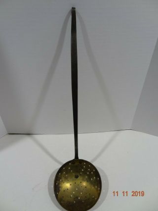 Antique Vintage 18th Or Early 19th C American Wrought Iron Brass Strainer Ladle