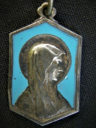 Lovely French Vintage Blue Enamel Medal Virgin Mary Grotto Lourdes