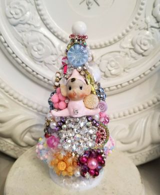 Vintage Pink Pixie Bottle Brush Tree Jewelry Cluster Earrings Rhinestones Cute