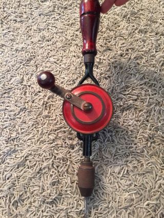 Vintage Craftsman Red Wheel Steel Wooden Handle Hand Crank Egg Beater/drill