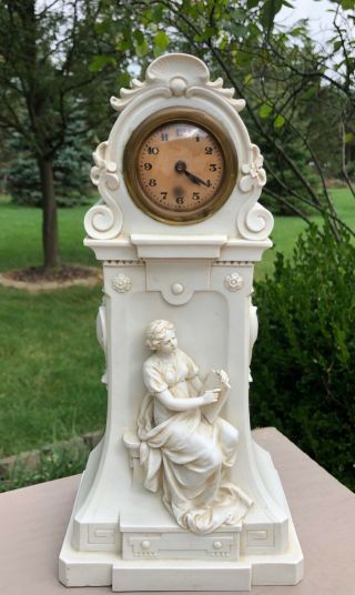 Antique Porcelain Clock Matte Ivory Patina French Shabby Chic Regency Lady