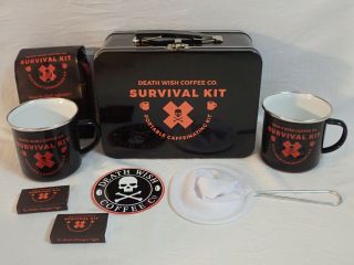 Death Wish Coffee Survival Kit - Tin Lunch Box & Cups Matches Strainer & Coffee