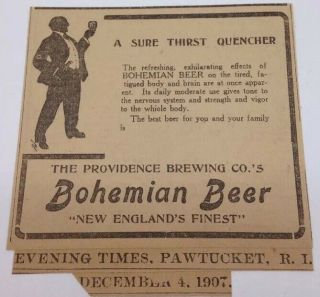 Antique Pre Pro Providence Brewing Co.  Bohemian Beer Ad Rhode Island 1907
