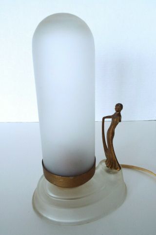 Art Deco Boudoir Lamp Bullet Frosted Glass Shade Metal Figural Antique Nouveau
