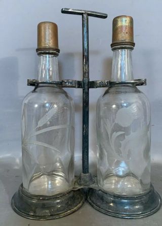 Antique Prohibition Bottle Old Handcuff Etched Glass Decanter Tantalus Caddy Set