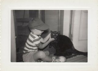 Vintage Photo Cute Little Boy Playing With Black Cat Pet Animal Adorable