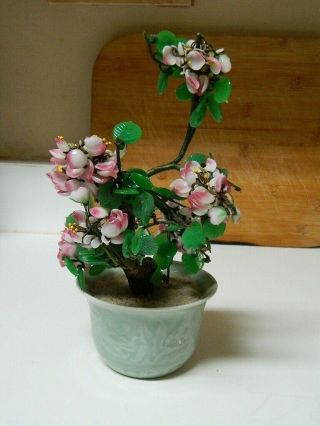 Vtg Signed Japanese Chinese Asian Jade Glass Flowering Blossom Bonsai Tree